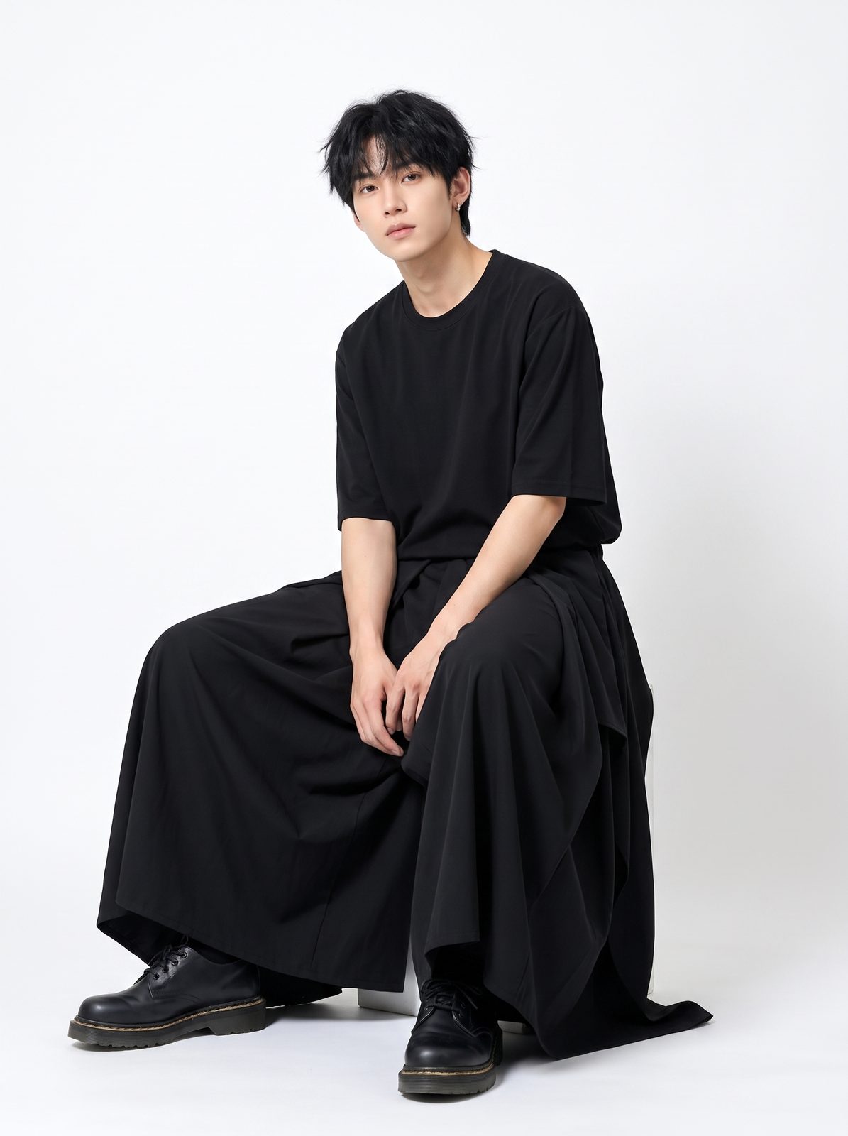 レイヤード袴スカートパンツ 着用 座り