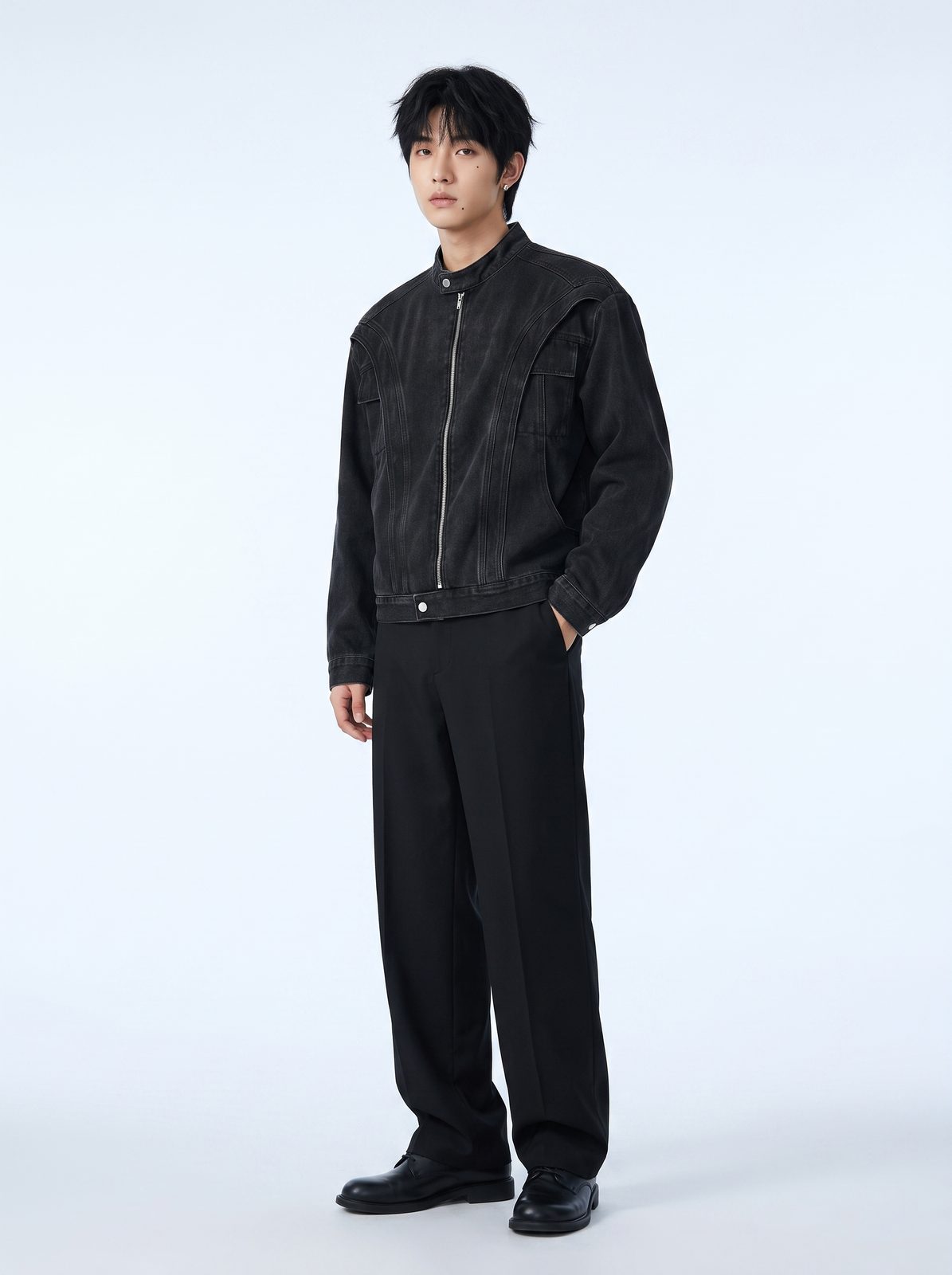 ブラックウォッシュドデニムジャケット 着用 斜め